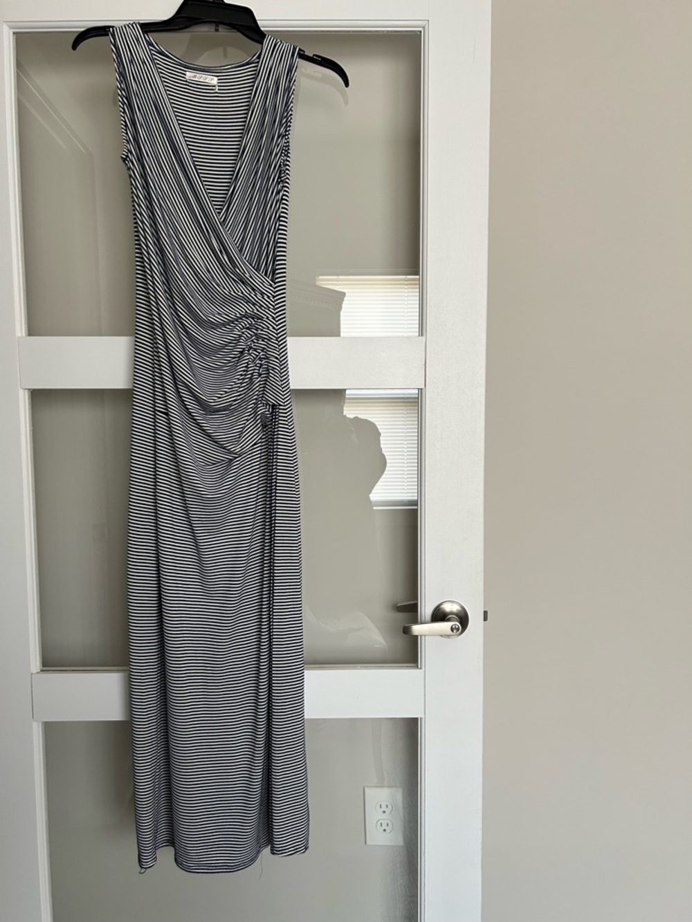 Source Unknown Black and White Striped Ruched V‑Neck Maxi Dress